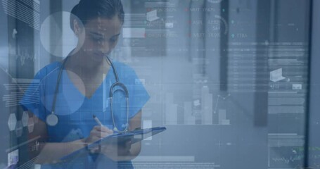 Animation of financial data processing over biracial female doctor - Powered by Adobe