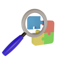 3d render magnifying glass and jigsaw icon. the concept of finding solutions to problems with the team