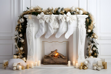 A white fireplace with stockings and a wreath. Christmas holidays celebration. Happy new year