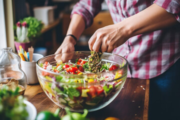 Cropped image of hands preparing food on table. 