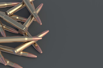 Many bullets for assault rifle. Copy space. 3d render