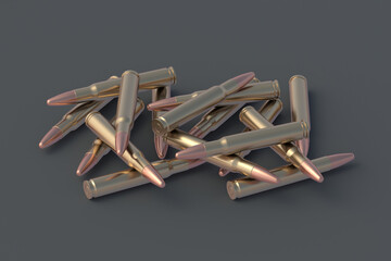 Scattered bullets for assault rifle. 3d render