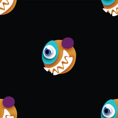 Seamless Pattern with Psyhodelical Print with One-eye Monster with Scary Smile. Surreal Design on Black. Pop Art Cartoon Style with Stains. Endless Texture. Vector 3d Illustration