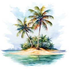 Fototapeta na wymiar Watercolor painting of palm trees, palm tree on the beach with sea. Generative AI