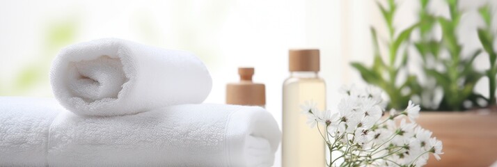 Fototapeta na wymiar Toiletries, soap, towel on blurred white bathroom spa background.