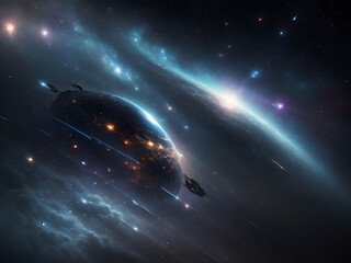 Spaceship in a Galaxy Travelling. Universe Background. Space Galaxy with Stars.
