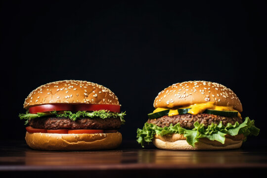 A comparison between a traditional burger and a plant-based burger.