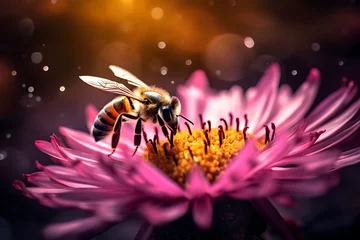 Foto op Canvas a bee collects pollen from flowers in the garden © Ployker