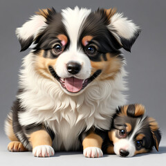 Australian Shepherd Dod Black Brown White Color Sitting Smiling. Happy Twin Dogs Playing