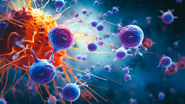 a magnified view of T cells with vibrant colors representing their function in identifying type 1 diabetes risk, highlighting cellular interactions and biological processes