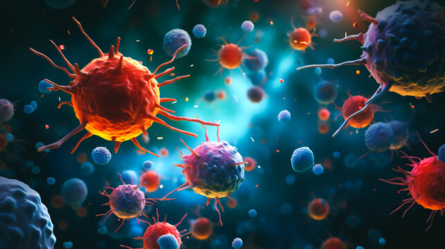 a magnified view of T cells with vibrant colors representing their function in identifying type 1 diabetes risk, highlighting cellular interactions and biological processes