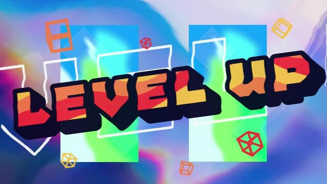 Animation of level up text over neon pattern on blue background