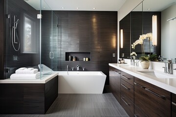 Fototapeta na wymiar A contemporary bathroom design in a lavish house features sleek dark wooden cabinets, a pristine white bathtub, and a stylish glass door shower.