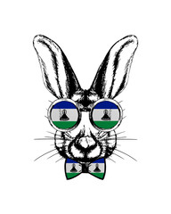 Easter bunny hand drawn portrait. Patriotic sublimation in colors of national flag on white background. Lesotho