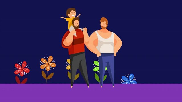 Animation of male gay couple with son over rainbow flowers