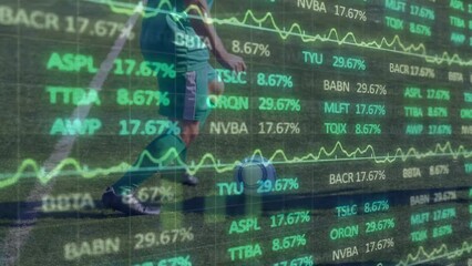 Animation of financial data processing over diverse football players on pitch - Powered by Adobe