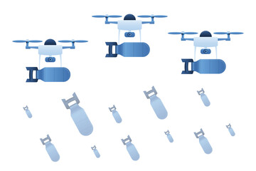 Radio-controlled quadrocopters delivery and bombardment of enemy positions. New technology on war. Drones with bombs or weapons. Air transport with remote control.