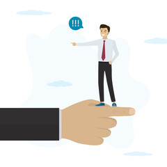 Businessman standing on giant hand pointing in opposite direction. Employee conflict with boss, argument between colleagues, different thought. Disagreement, opposite way,