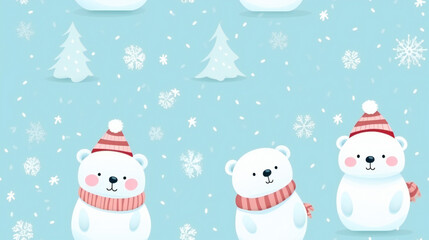 seamless pattern icebear and christmas tree with snowflakes