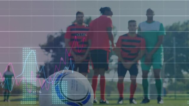 Animation of financial data processing over diverse football players on pitch