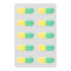 Two colors medical capsules in blister isolated on white