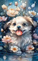 puppy with flowers. Generative ai
