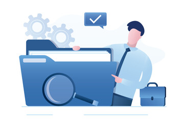 Quick files search. Male clerk holds folder with documents. Database indexing, fast unzipping. Easy search system for files and information. Content storage. Smart businessman.