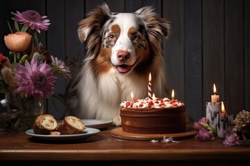 An Australian shepherd is pictured with a delicious cake resting on a table in their home.