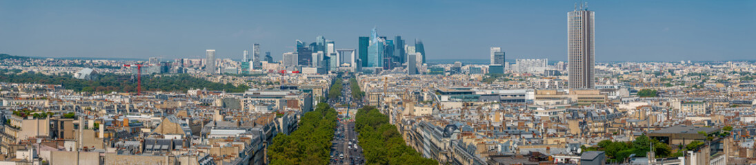 Cityscape of Le Defense business district in Paris with the Grande Arche among modern skyscrapers