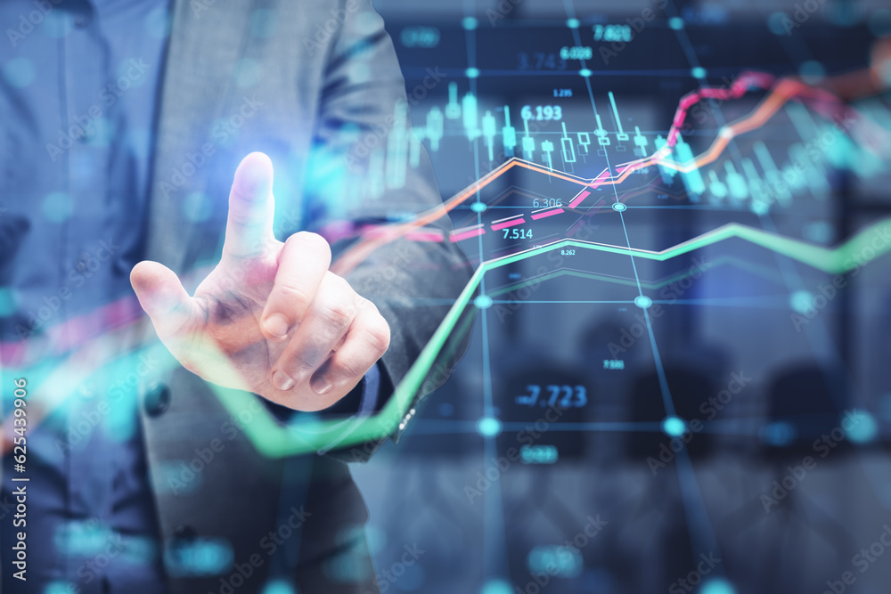 Poster Close up of businessman hand pointing at glowing forex index chart with grid on blurry office interior background. Market, finance and online trading concept. Double exposure.