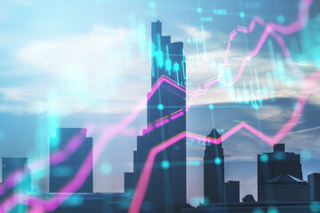 Abstract glowing forex index chart with grid on blurry toned city background. Market, finance and online trading concept. Double exposure.