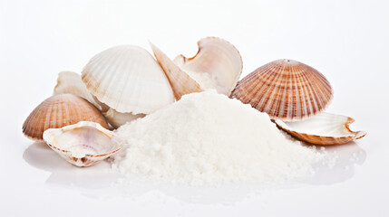 Fototapeta na wymiar Sea shells and salt isolated on white background