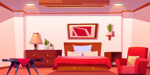 Hotel bedroom interior design. Vector cartoon illustration of room with red armchair, wooden table, drawer, large bed with blanket and pillows, cactus in flowerpot on shelf, abstract picture on wall