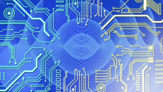 Animation of electronic circuit board patterns and abstract patterns on blue background