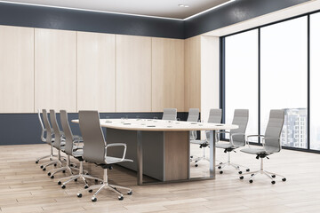 Perspective view of empty modern conference room with office desk and chairs, wooden wall and floor, and window with city view. 3D Rendering