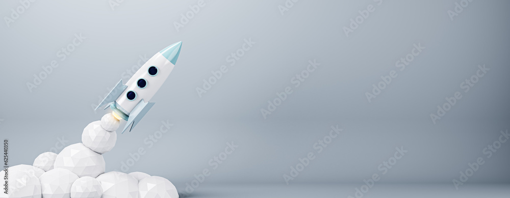 Aufkleber start up and promotion concept with launched rocket and empty space for your logo on grey background