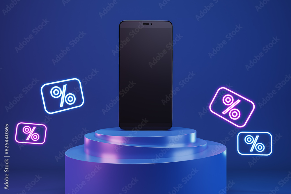 Poster Mobile shopping concept with front view on blank dark modern phone screen with place for your logo or text on blue podium with digital percent icons on abstract background. 3D rendering, mockup