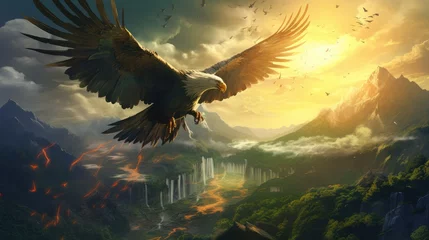 Foto op Canvas Incredible Eagle Soaring Through Sunlit Peaks. Majestic eagle soaring through forest and mountains, spreading wings against the sky. © Anything Design