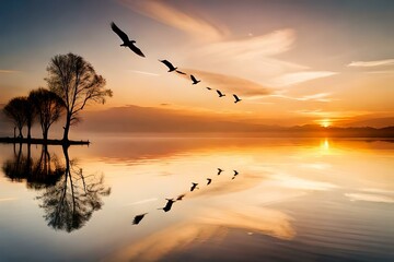 Generate a high-definition AI image that portrays a serene urban sunset scene with silhouetted birds in flight, their wings painted with the warm, soothing colors of the setting sun. - Powered by Adobe