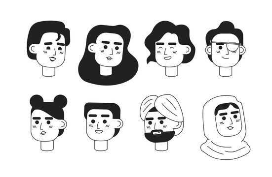 Multicultural people monochrome flat linear characters head. Editable outline people icons. Line users faces. 2D cartoon spot vector avatar illustration pack for animation