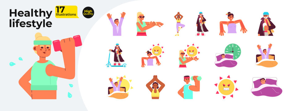 Healthy lifestyle flat concept vector spot illustrations bundle. Daily sport routine 2D cartoon characters on white for web UI design. Active lifestyle isolated editable creative hero image collection