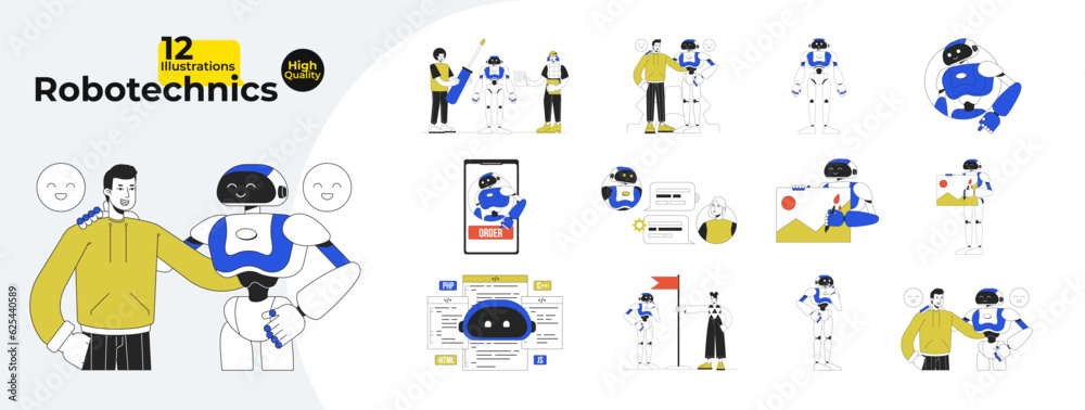 Poster robotechnics flat line concept vector spot illustrations bundle. robot human interaction. modern tec