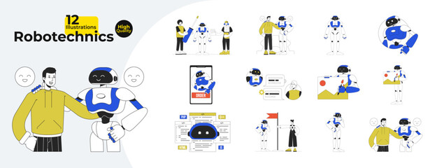 Fototapeta premium Robotechnics flat line concept vector spot illustrations bundle. Robot human interaction. Modern technologies 2D cartoon characters on white for web UI design. Editable hero image collection