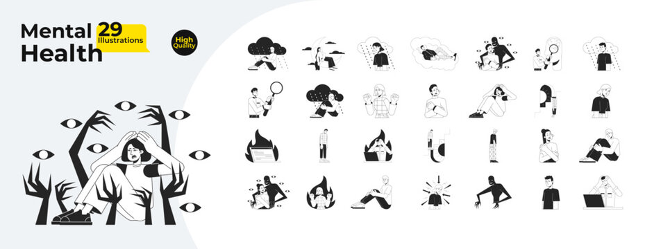 Mental health and psychology bw concept vector spot illustrations bundle. People with mental illness 2D cartoon flat line monochromatic characters for web UI design. Editable hero image collection