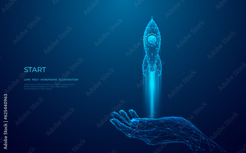 Aufkleber Digital rocket launch from the human abstract palm in outer space. Success business and start-up concept. Low poly wireframe vector illustration with 3D effect on technology blue background.