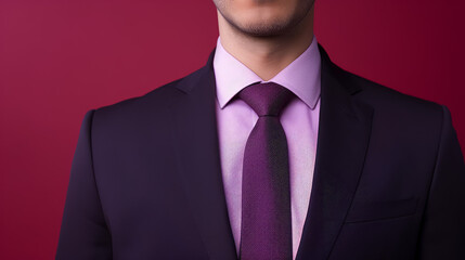 Mature sophisticated male lawyer in a dark blue suit with a red tie on red background