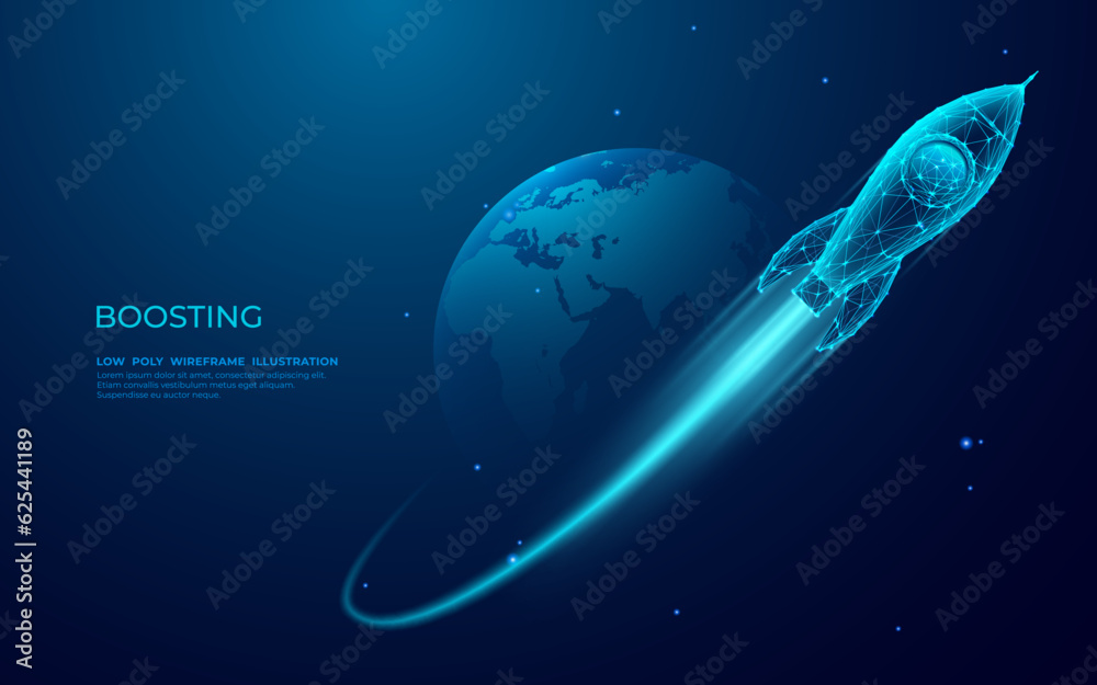Poster Digital rocket flies in orbit of planet Earth. Abstract light blue technological background. Spaceship in outer cosmos. Low poly wireframe vector illustration with 3D effect. Polygonal science art.