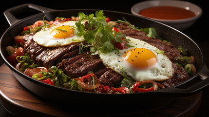 A mouthwatering image of a perfectly grilled steak and egg dish. Food Wallpaper. Generative Ai.
