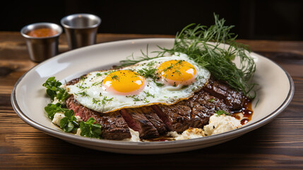 A mouthwatering image of a perfectly grilled steak and egg dish. Food Wallpaper. Generative Ai.