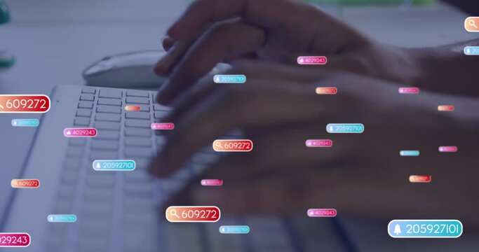 Animation of social media data processing over african american businesswoman using computer